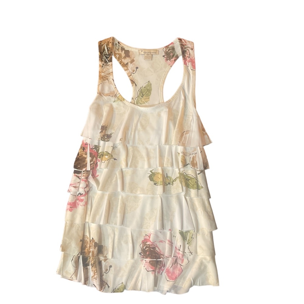 Forever 21 Cream floral ruffled tiered racerback tank top Small
